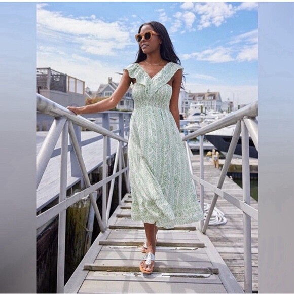 Sail to Sable x Palm Beach Lately Pistachio Leaf Midi Dress Smocked Bodice Sz M - Picture 15 of 16